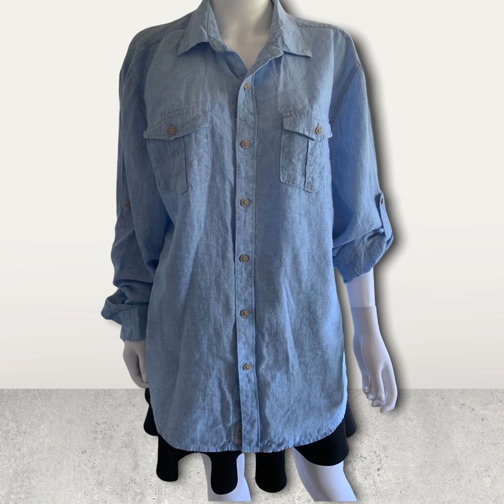 Ocean Coast 100% linen light blue bottom down long sleeve woman’s top size large